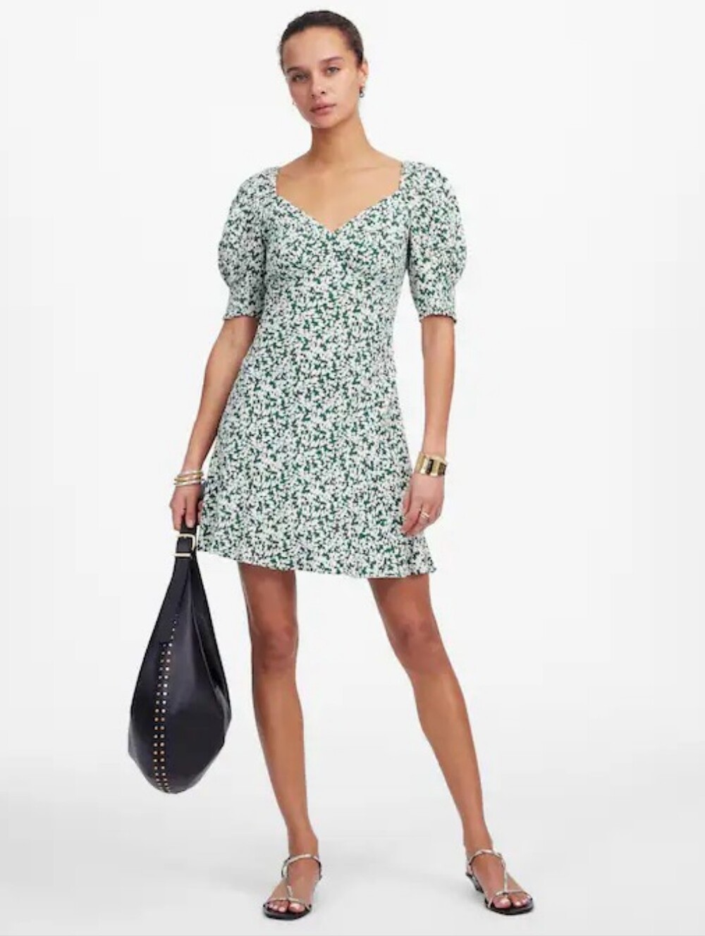 Madewell Green Floral Puff-Sleeve Mini Dress